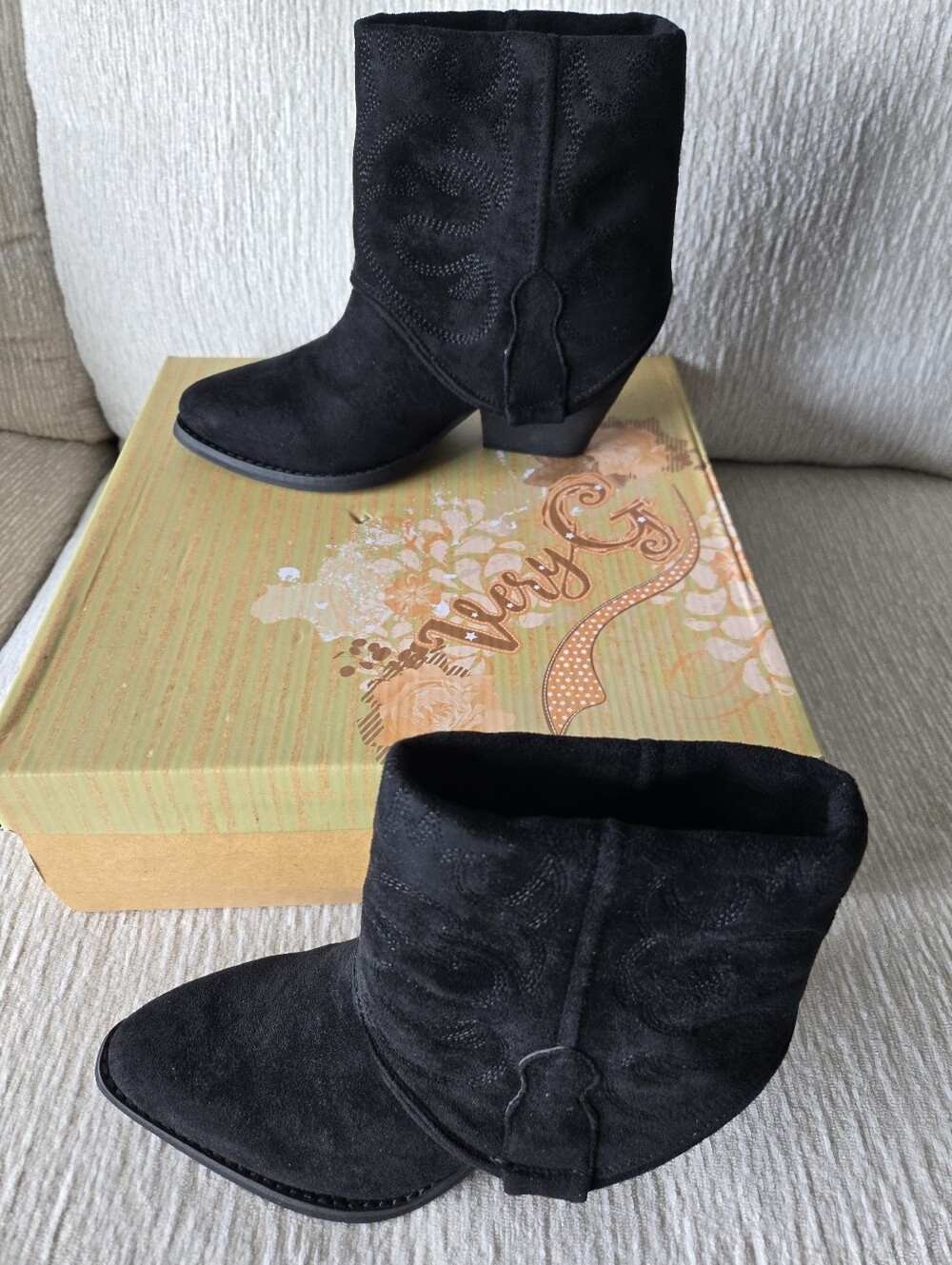 Very G Black Suede Ankle Booties with Western Stitching